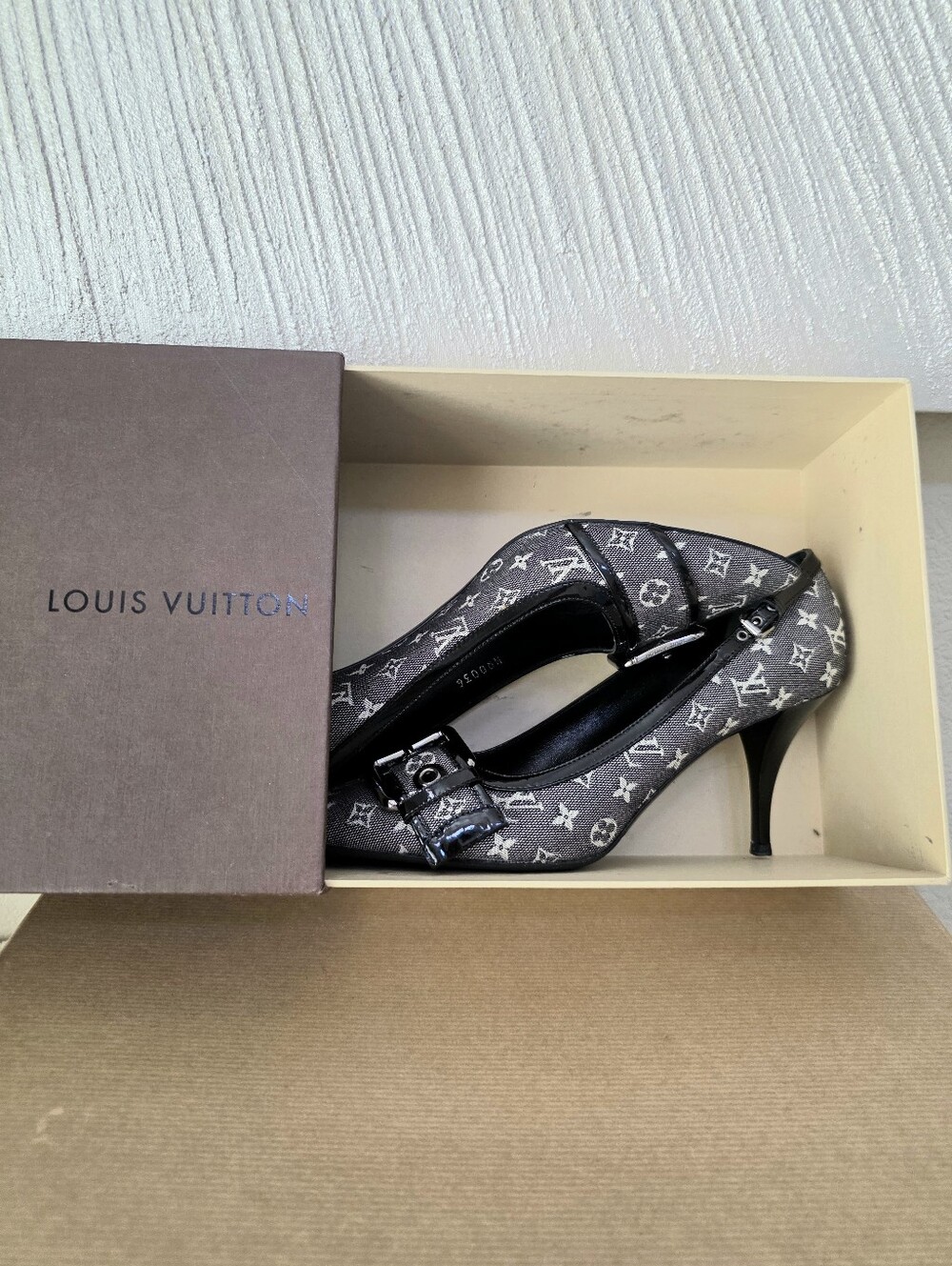 Authentic Louis Vuitton Black Monogram Denim Pointed-Toe Pumps w/ Buckle Detail 